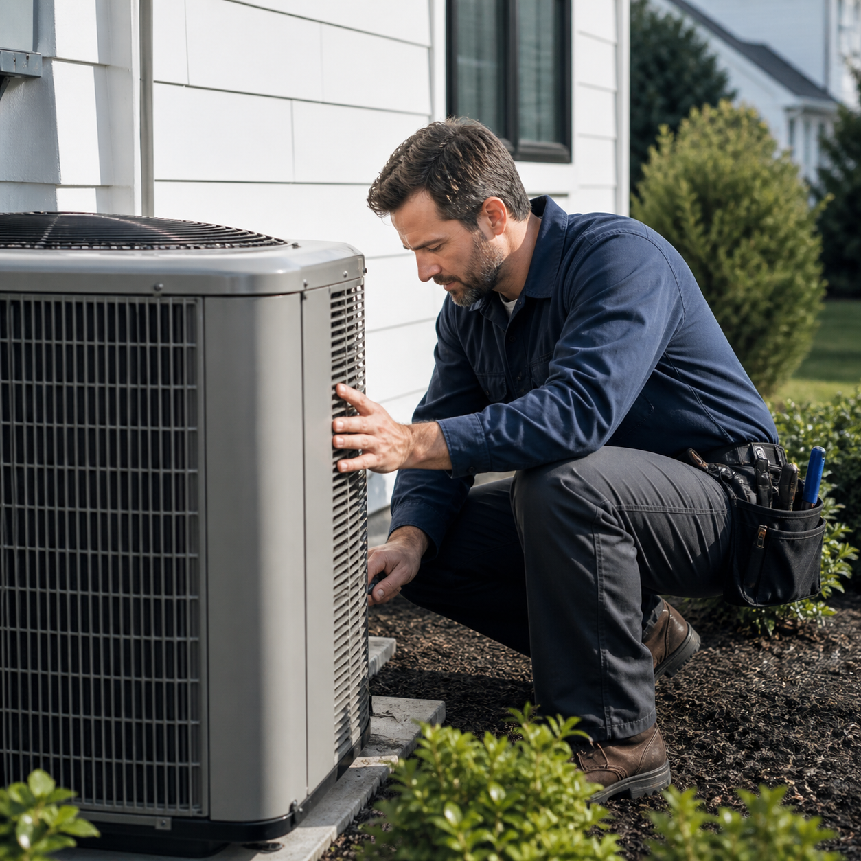 A home services technician beside residential HVAC equipment