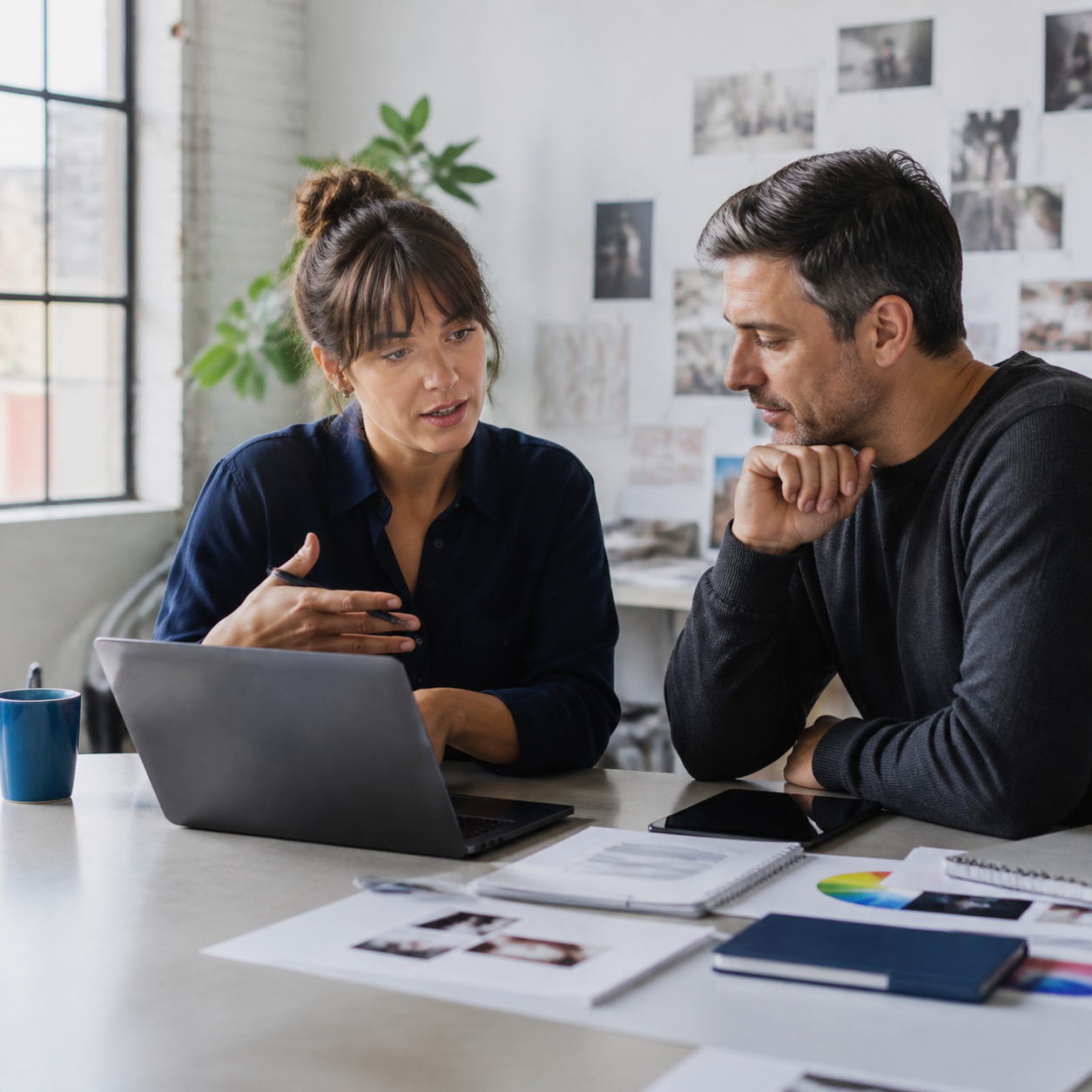 A marketing specialist reviewing campaign work with a business owner