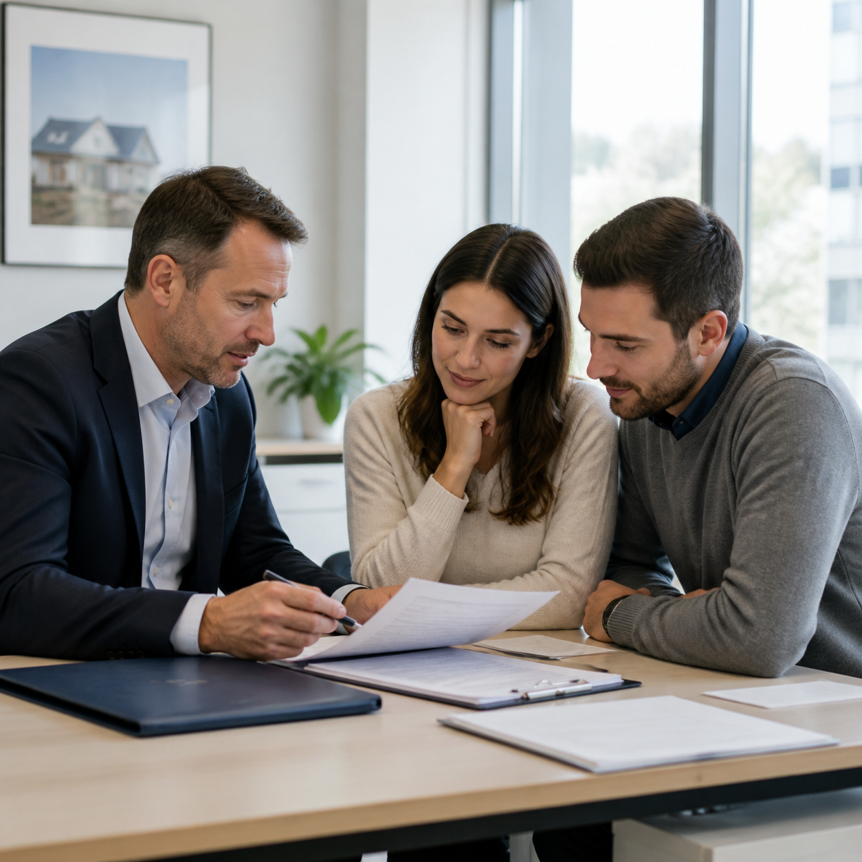 A mortgage advisor reviewing documents with prospective borrowers