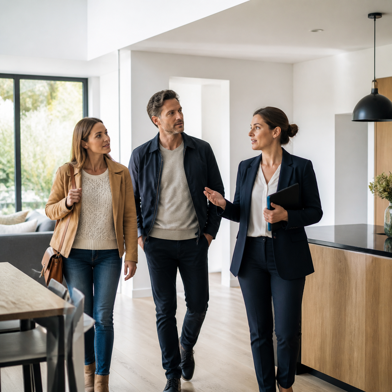 A real estate agent speaking with prospective home buyers